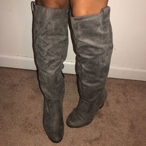 Gray Faux Suede Knee-high Heeled Boots